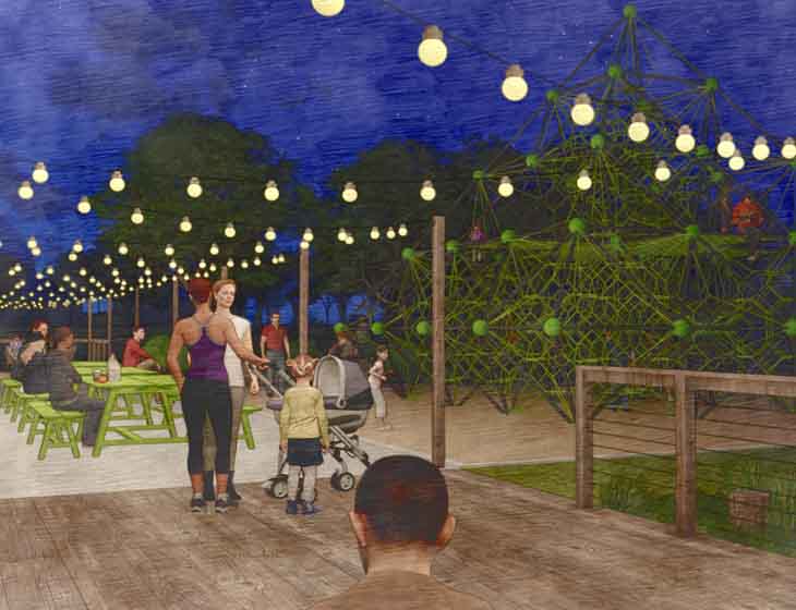 Gathering Place Lit by String Lights in Firefly Park in Heights Park Village