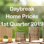 Daybreak Home Prices 1st Quarter 2019 text with home and stacks of coins