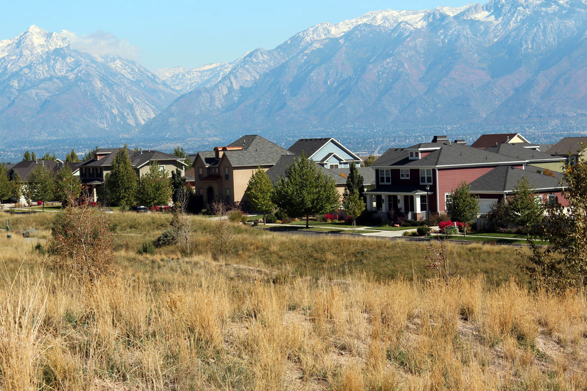 Homes in South Jordan's Daybreak community with mountains in the background