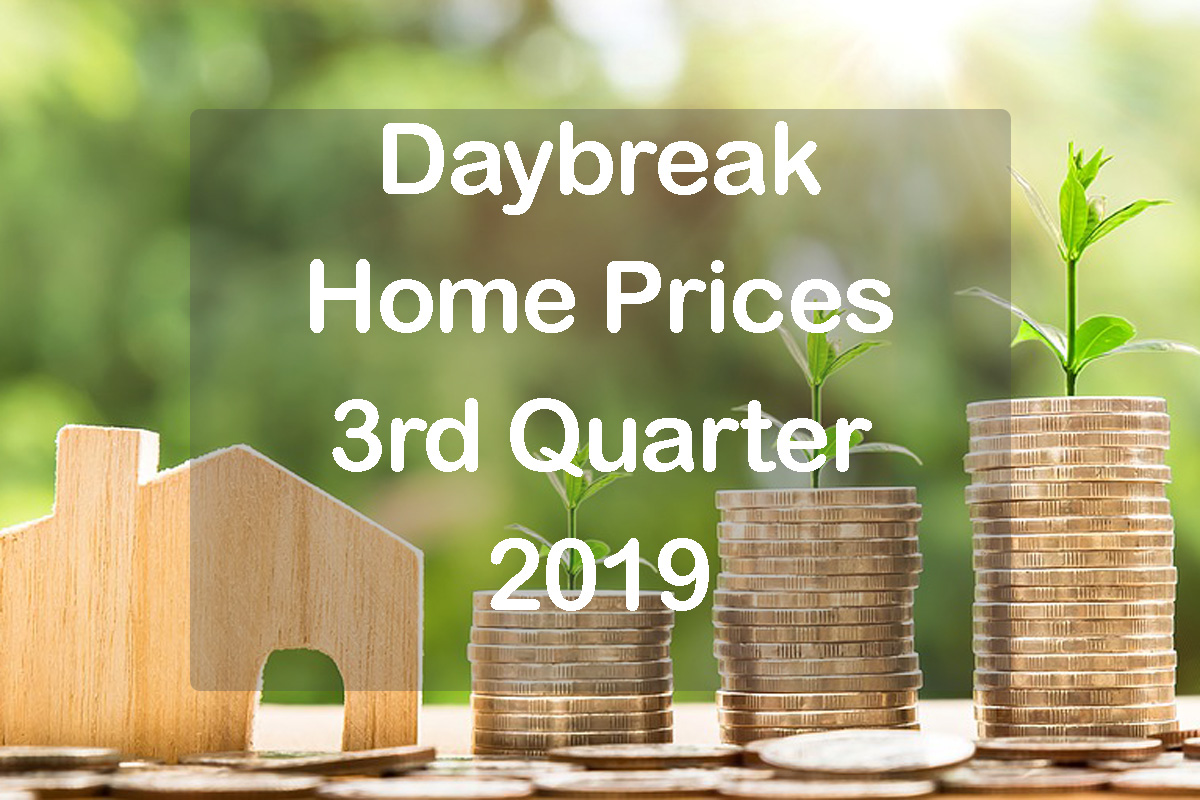 Daybreak Home Prices 3rd Quarter 2019 text with piles of money and wooden home in background