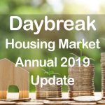 Home with piles of coins and text Daybreak Housing Market Annual 2019 Update