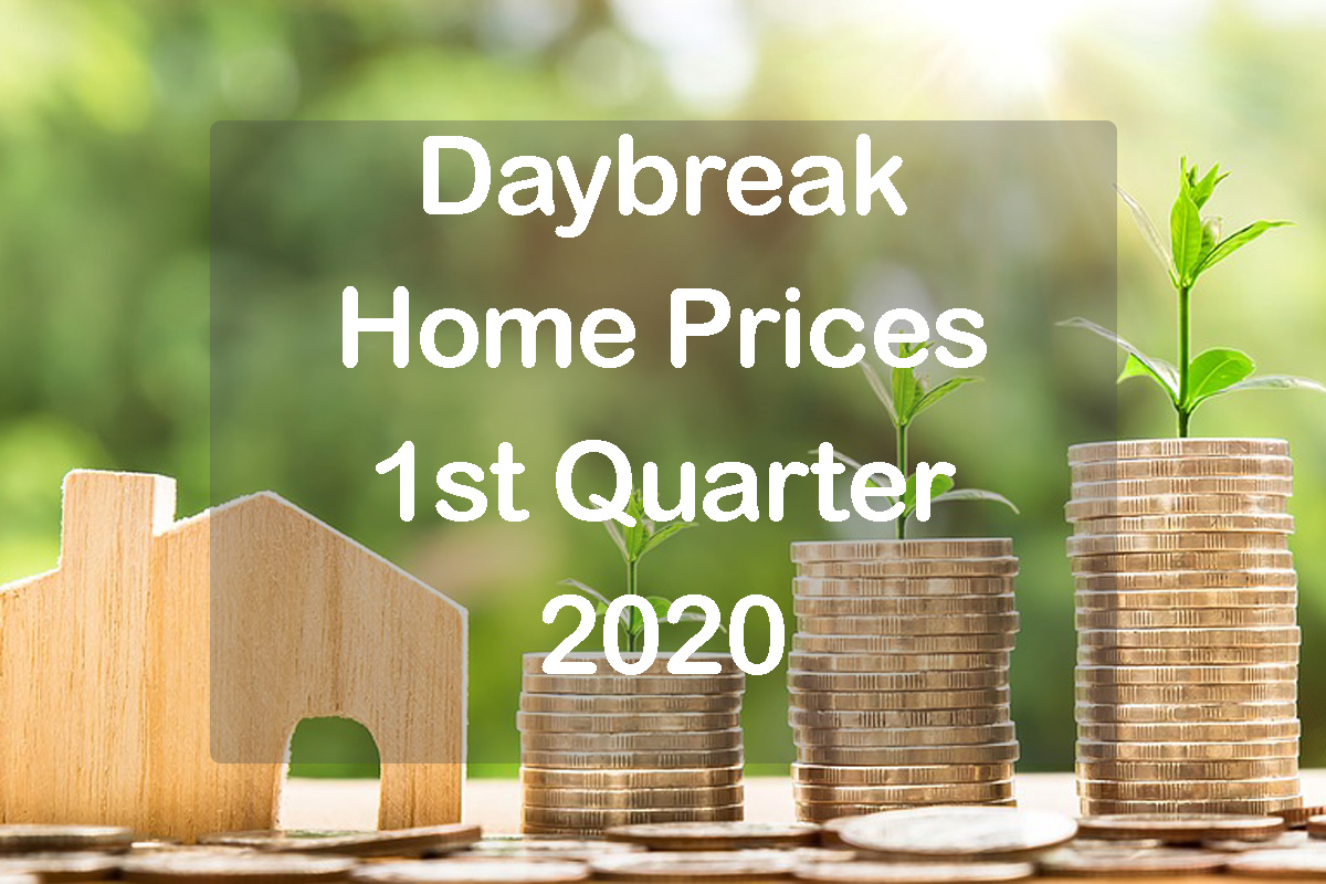 Home with piles of coins and text Daybreak Home Prices 1st Quarter 2020