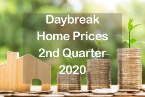 Daybreak Home Prices 2nd Quarter 2020 text with home and piles of money in background