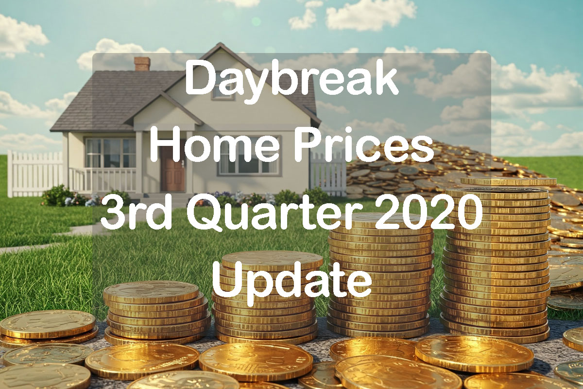 Piles of money with text Daybreak Home Prices 3rd quarter 2020
